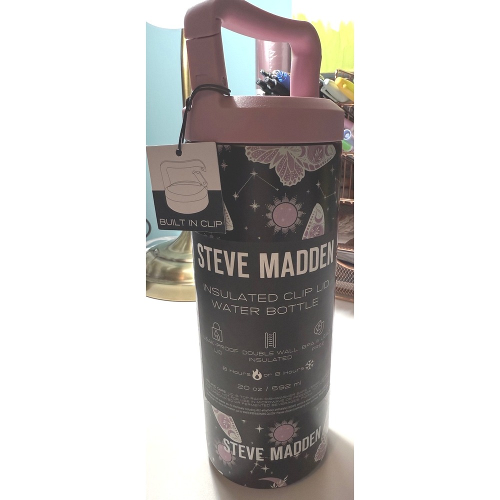 Steve Madden 20oz Insulated‎ Water Bottle Celestial Butterfly Pink Clip Lid NEW